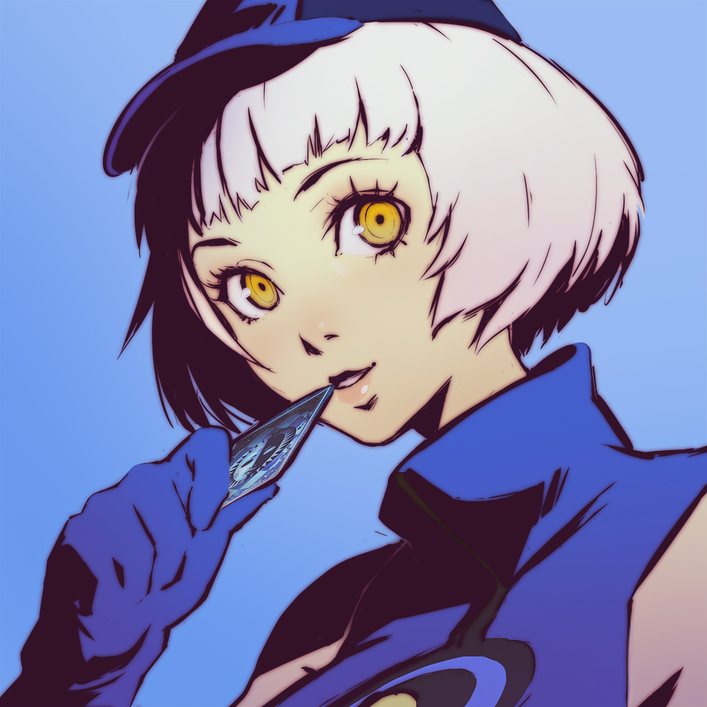 woman in blue with white hair